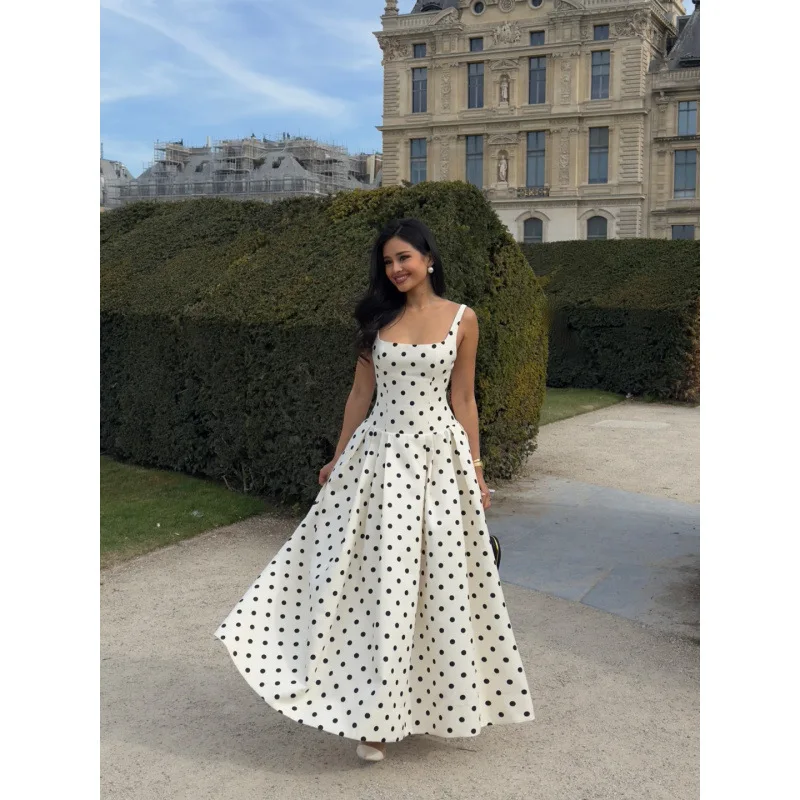 

French gentle square neck wave point waist fold big swing suspender dress 2025 European and American style