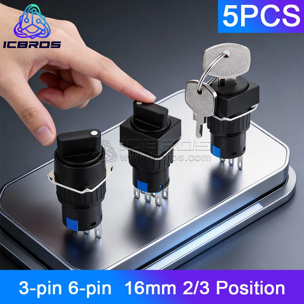 5pcs LA16-11Y/21 16MM hole button switch 3-pin 6-pin two gear three gear Self-Locking Opening 16Mm 3-Pin with key switch
