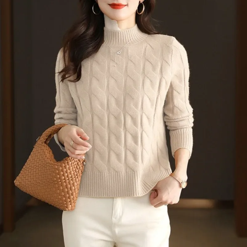 Autumn and Winter Women's Solid Half High Collar Long Sleeve Slim Knitted Sweaters Jumpers Screw Thread Fashion Casual Tops