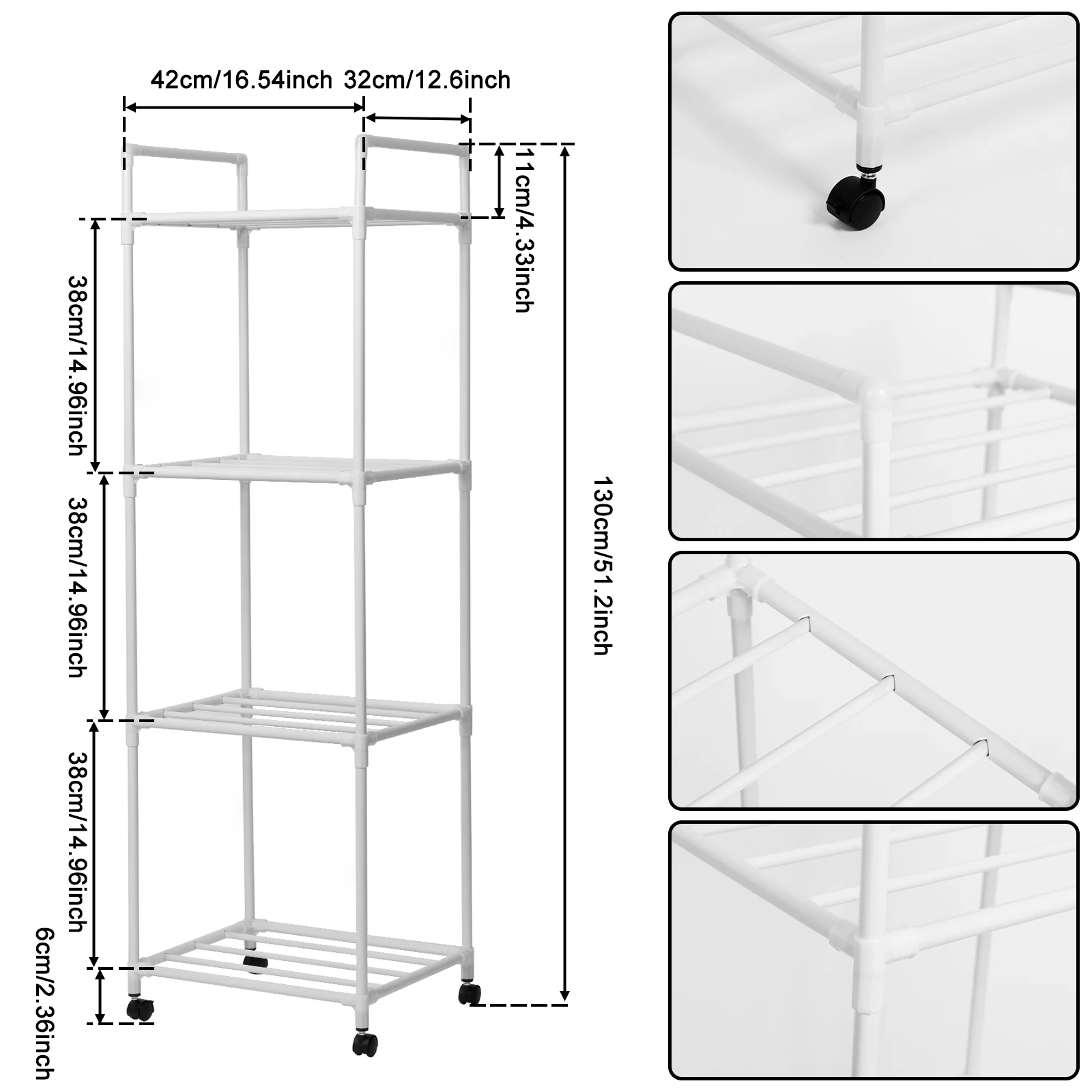 Metal Storage Rack with Roller 4/5 Layer Trolley Rack Bathroom Household Mobile Storage Shelves Bedroom Kitchen Standing Storage