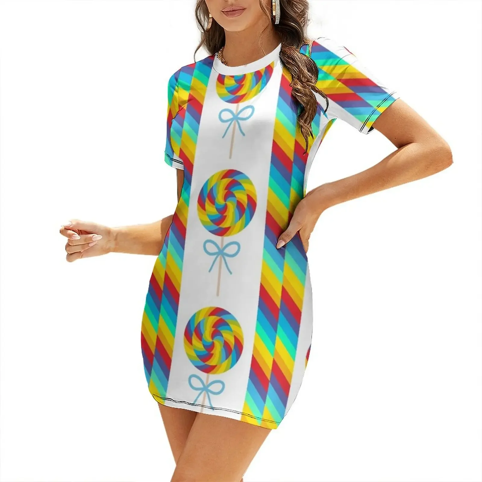 

candy lollipops with bow, colorful spiral candy cane Short-Sleeved Dress womans clothing Clothing Dress