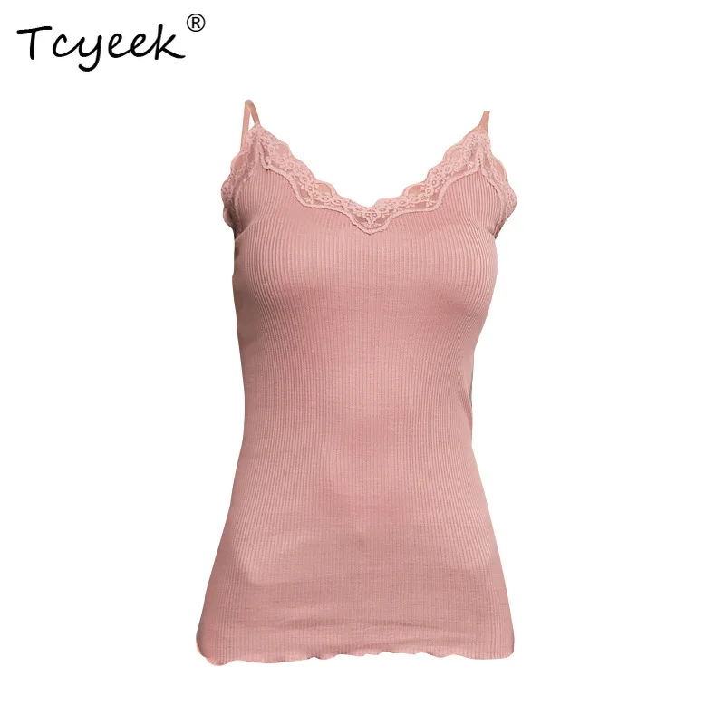 

Tcyeek 70% шелк, 30% хлопок, кружевная майка, женская вязаная майка на бретельках, эластичная тонкая базовая одежда для сна, летний жилет T35701C