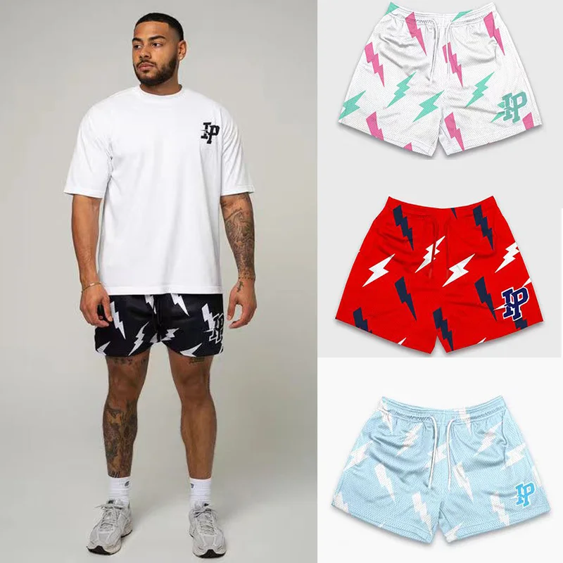 Marca de moda esportiva americana IP masculina, shorts com estampa relâmpago, fitness na moda, solto, secagem rápida, verão