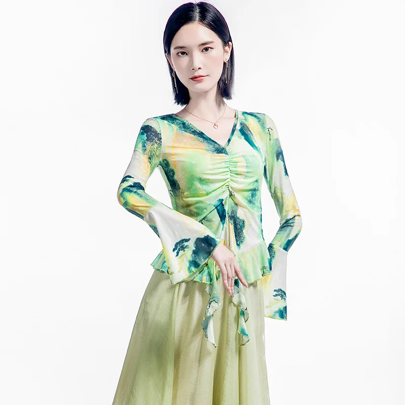 MadBlack-Women's European T-Shirt, Sexy V Neck Print Ruffles, Retro Flying Sleeve Dance Yoga Slim Mesh Tee, 2025 Spring T53823CC