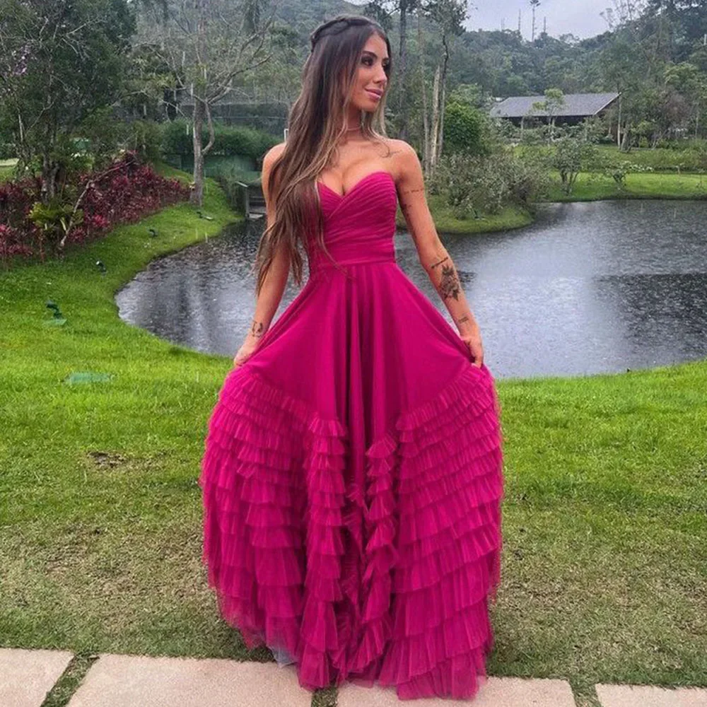 

Fuchsia Prom Dress Formal Dresses A Line Tiered Tulle Ruffles Layered Evening Gowns Pleat Women Wedding Party Dress Corset Back