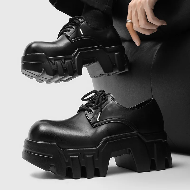 men's fashion stage nightclub platform shoes lace-up natural leather derby shoe black designer sneakers stylish cool footwear