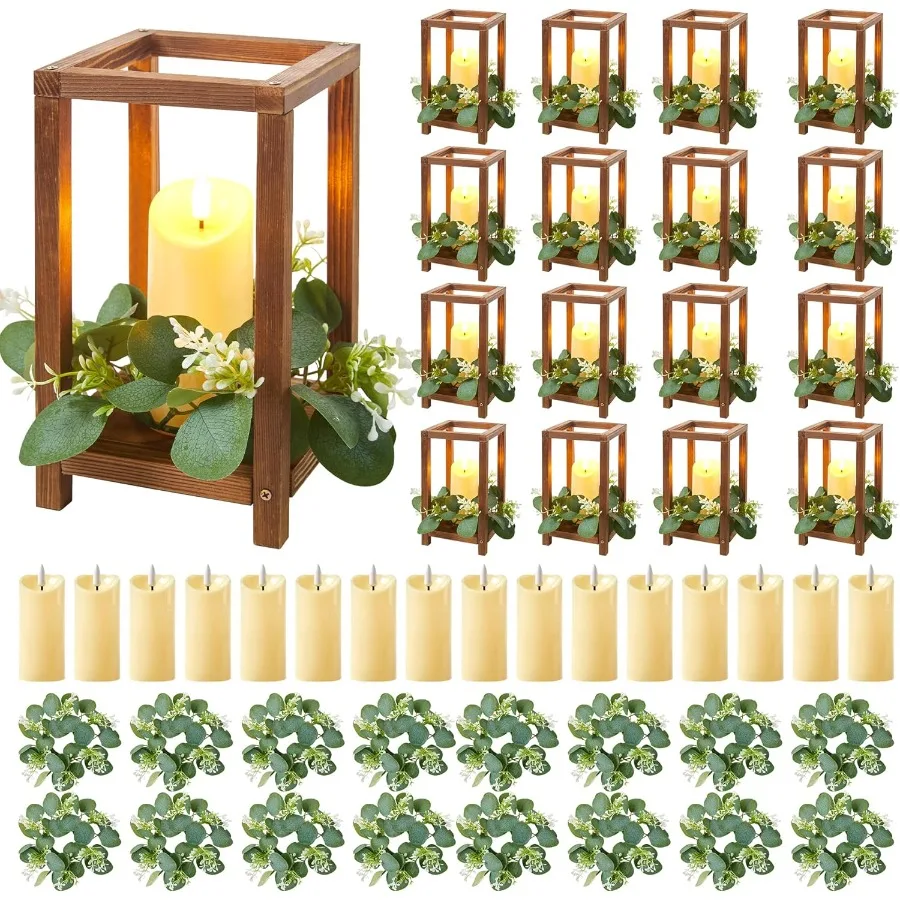Juego de 48 Uds. De 16 unidades de centro de mesa de farol de boda de madera con 16 soportes, 16 velas y 16 coronas para decoración rústica de mesa en un conteo