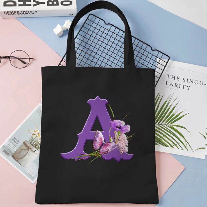 26 Alphabet Tote Bag Women Team Bride Party Canvas Butterfly Flowers Shopping Bags Purple Letters Teen Y2K Shoulder Handbags