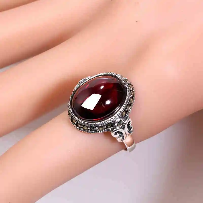 

ZHJIASHUN Royal 100% 925 Sterling Silver Natural Gemstone Garnet Rings For Women Vintage Ruby Ring Silver Jewelry