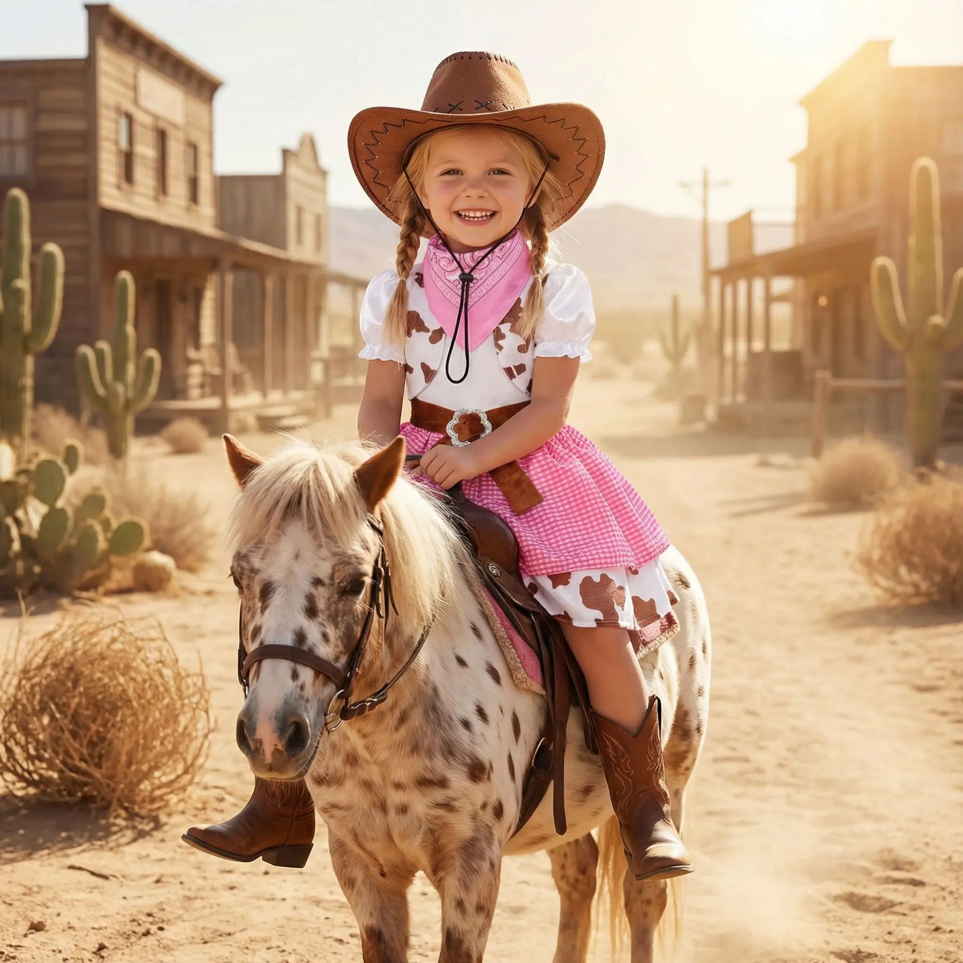 Cowgirl Costume For Girls, Pink Western Dress With Hat, Kids Wild West Outfit, Childrens Country Costume view 2