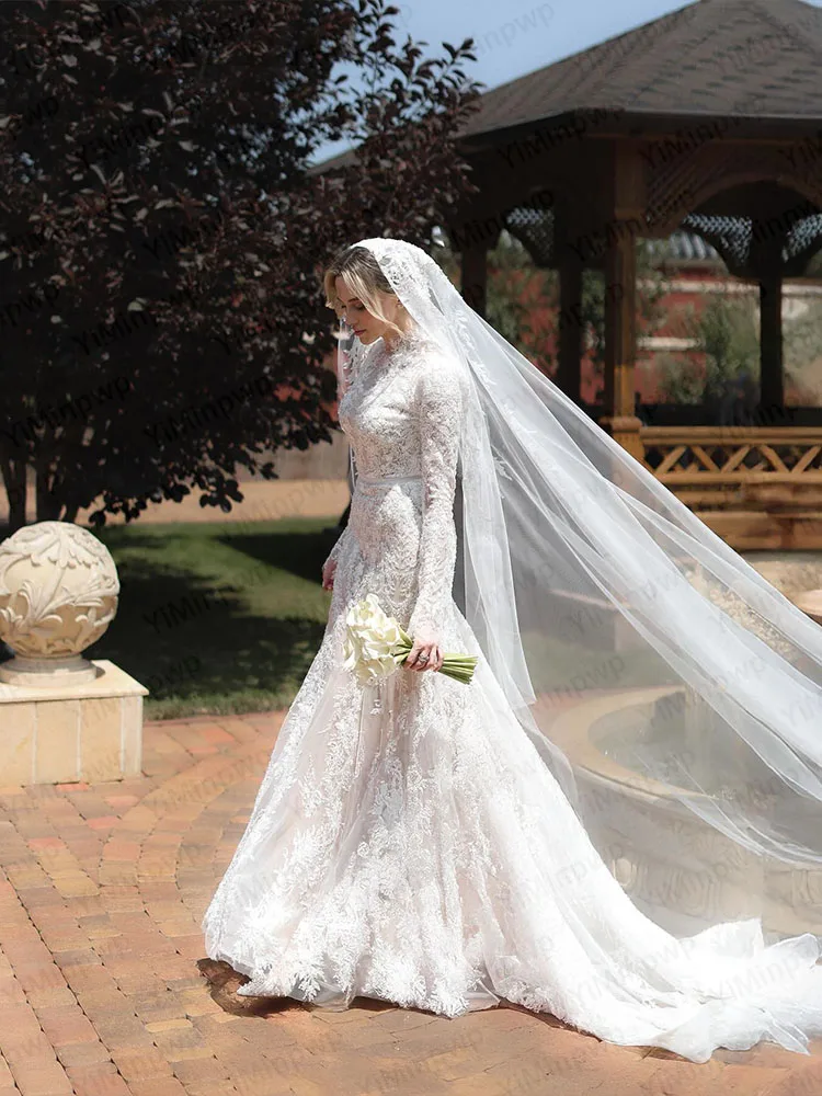 Elegant Wedding Dresses High Neck Long Sleeve Mermaid Islamic Bride Dress Women Civil Lace Bridal Gown Customized robe de mariée