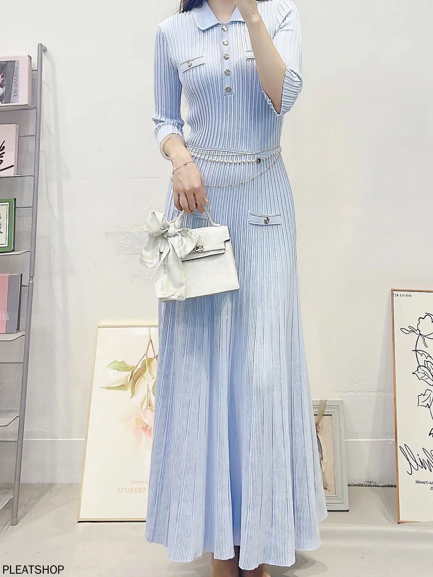 

High-end Women's Clothing 2025 Summer French Elegant Style Lapel Waist Long Sky Blue Knitted Dress for Women