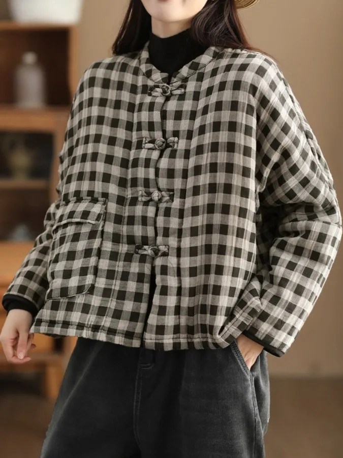 

Winter Thiened Cotton Padded Jaet Retro Waed Liner Printed Women's Warmth Cotton Clothing Button Stand Collar Long Sve