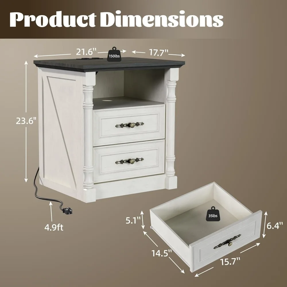 24 Farmhouse Nightstand with Charging Station, Wood Night Stand with 2 Drawers, End Bedside Table Storage Cabinet with Open Shel