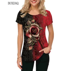 Camisetas florais femininas, manga curta, estampada flores 3D, camiseta estilo rua, solta, casual, gola O, tops femininos de grandes dimensões, moda