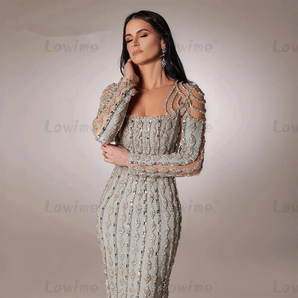 

2025 Full Beading Crystals Evening Dresses Long Sleeve Straight Prom Gowns Arabic Silver Party Dress Customized Robe De Mariée