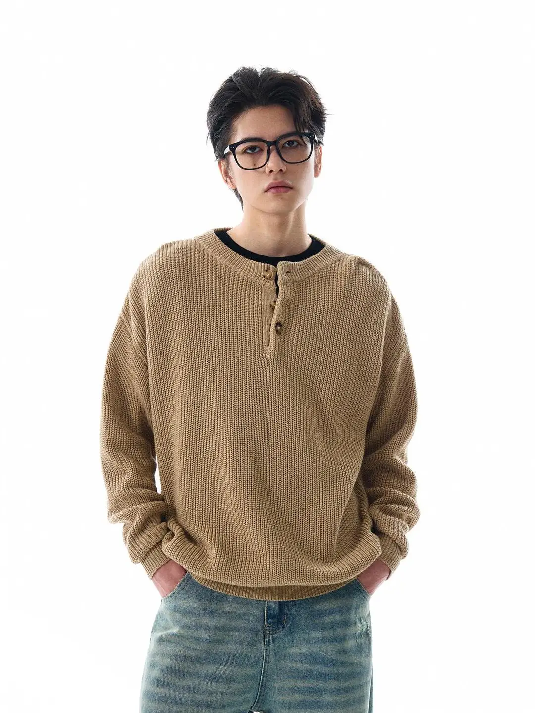 

Свободный повседневный винтажный трикотаж в американском стиле ретро, свитер с воротником Генри, длинный свек, мягкая, средняя, тонкая, осенняя одежда