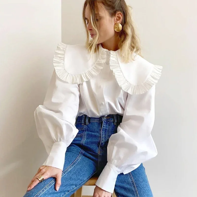 Vintage Ruffle White Women Blouse Peter Pan Collar Cotton Button Up Shirt Women Tops 2022 Fashion Loose Puff Sleeve Shirts 18738