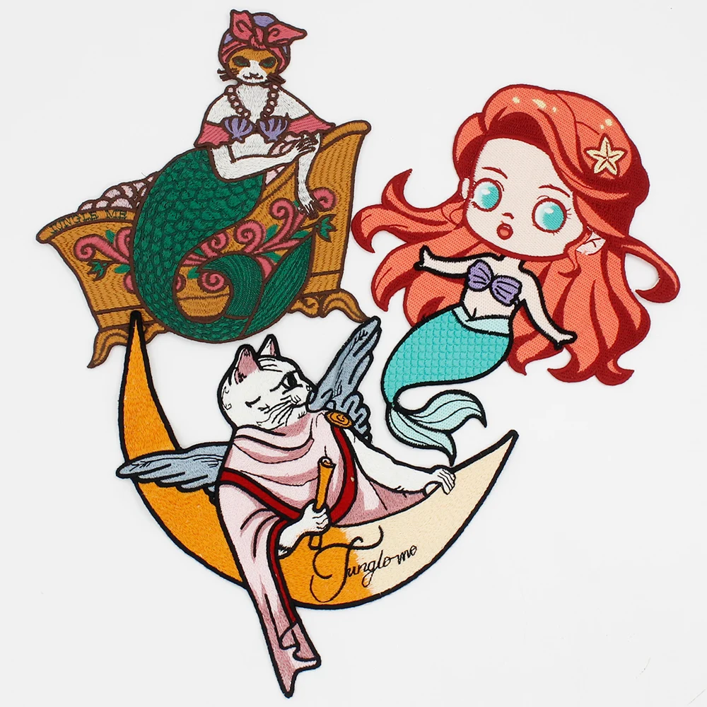 Red Hair Mermaid Tailed Cat Patch for Girl Bag Sew on Appliques DIY Apparel Accessories Fabric Embroidery Badge