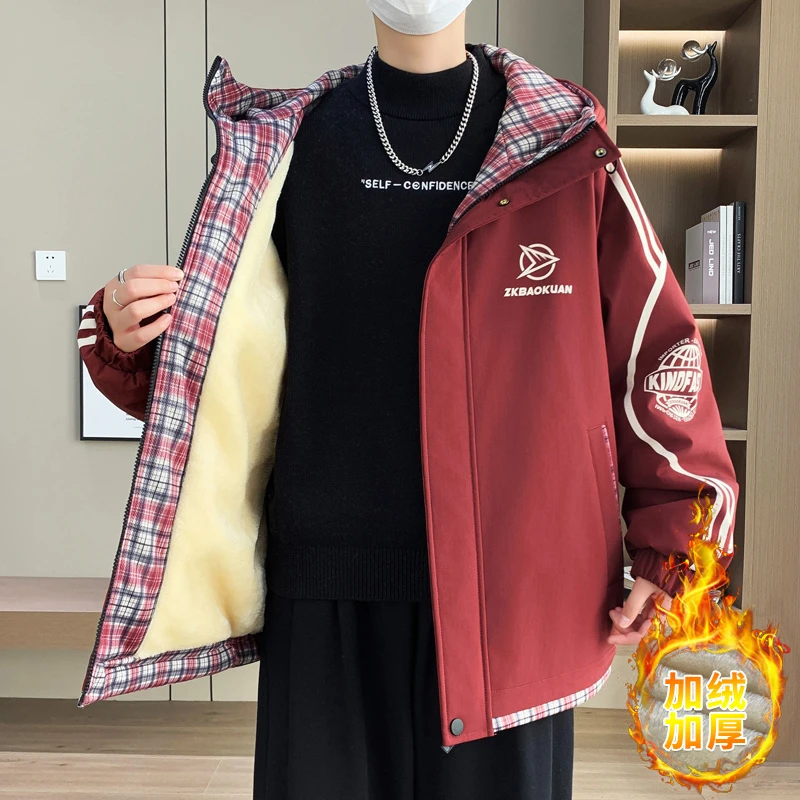 

Мужская осенне-зимняя бархатная модная шерстяная куртка из овечьей шерсти с капюшоном, мужская толстая теплая куртка, свободная уличная одежда, повседневная Harajuku