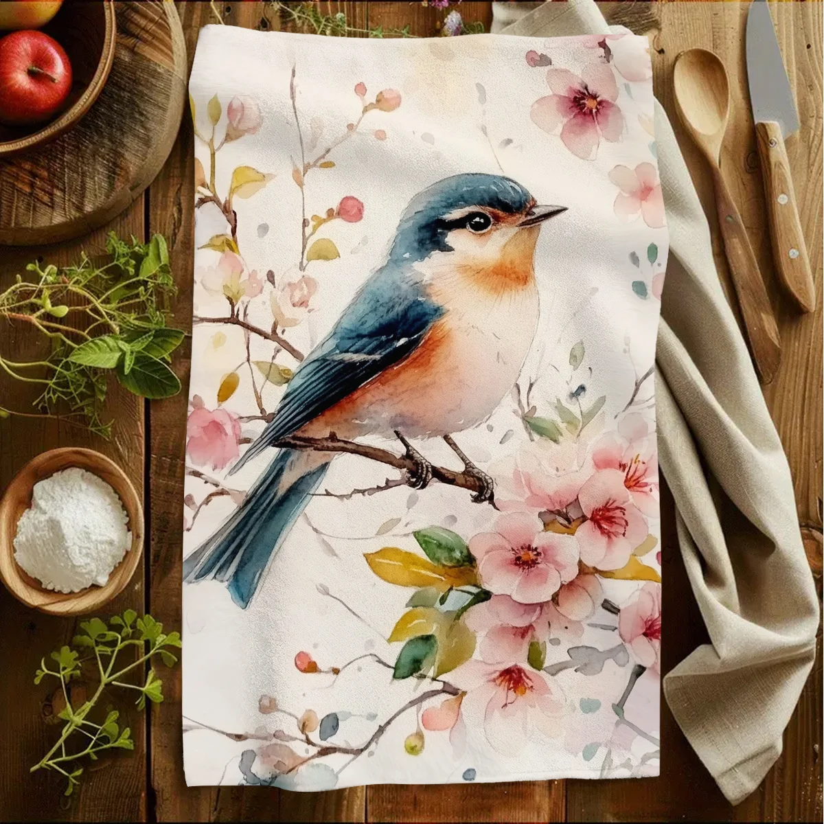 1pc Watercolor Bird & Flower Printed Scrub Cloth,Soft Absorb