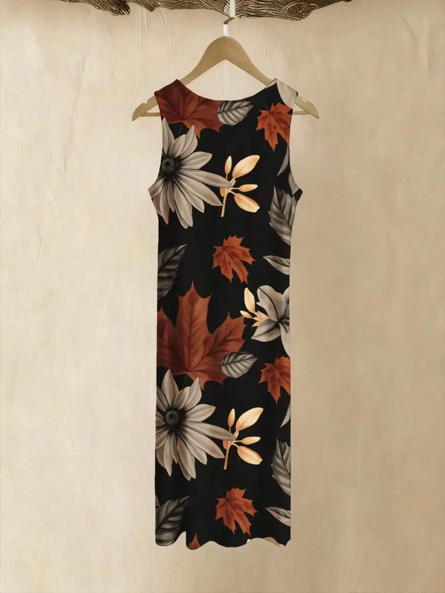 

V Neck Sleeveless Floral Print Long Dress For Women Autumn Fall