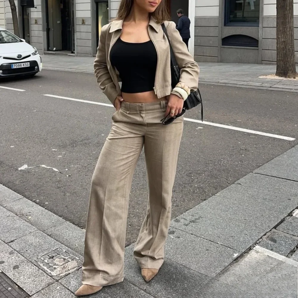 

KONDALA Women Fall Casual Khaki Set Lapel Zipper Jacket Long Pants 2025 New Spring Summer Fashion High Street Commuter Mujer Set