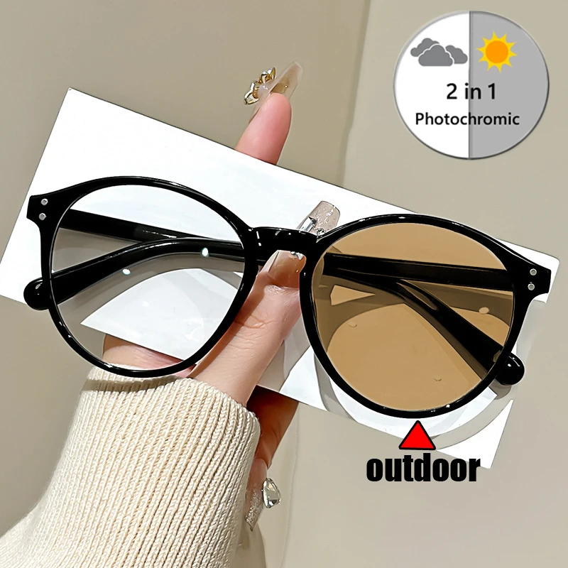 

2 in 1 Fashion Color Changing Myopia Sunglasses Vintage Round Frame Eye Protection Short-sight Eyeglasses Prescription Glasses