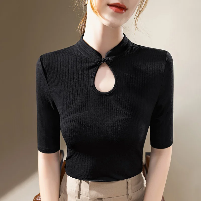 Chinese Style Women's Summer 2024 Short-sleeved Retro Waist Stand-up Collar Buttoned Solid Color Half-sleeved T-shirt