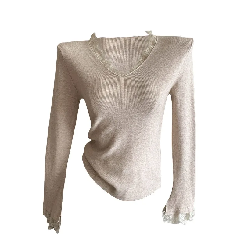 Knitted Sweater Women Pullovers New Long Sleeve V-Neck Black Lace Knit Sweater Pullover Women Tops Sweaters Women Clothing Q2078