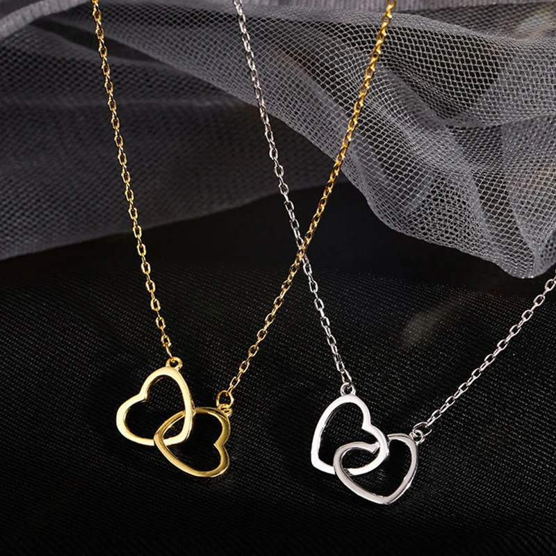 Personalized Simple Double Heart Choker Necklace For Women Hollow Heart Pendants Necklace Clavicle Chain Girl Gifts Jewelry