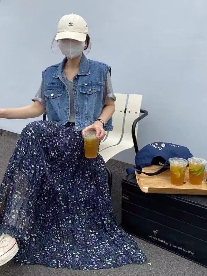 Jupe mi-longue trapèze taille haute, imprimé Floral, en mousseline de soie, fine, longue, coréenne, pour les déplacements, coupe ample, Production chinoise