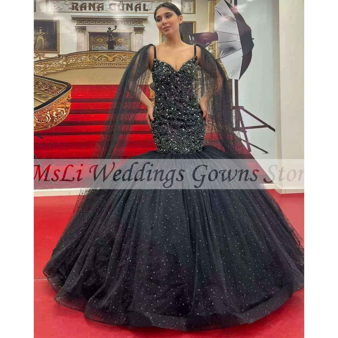 Luxury Black Mermiad Prom Dresses Beads Sequined Spaghetti Strap Graduation Party Evening Dress Robe De Mariage