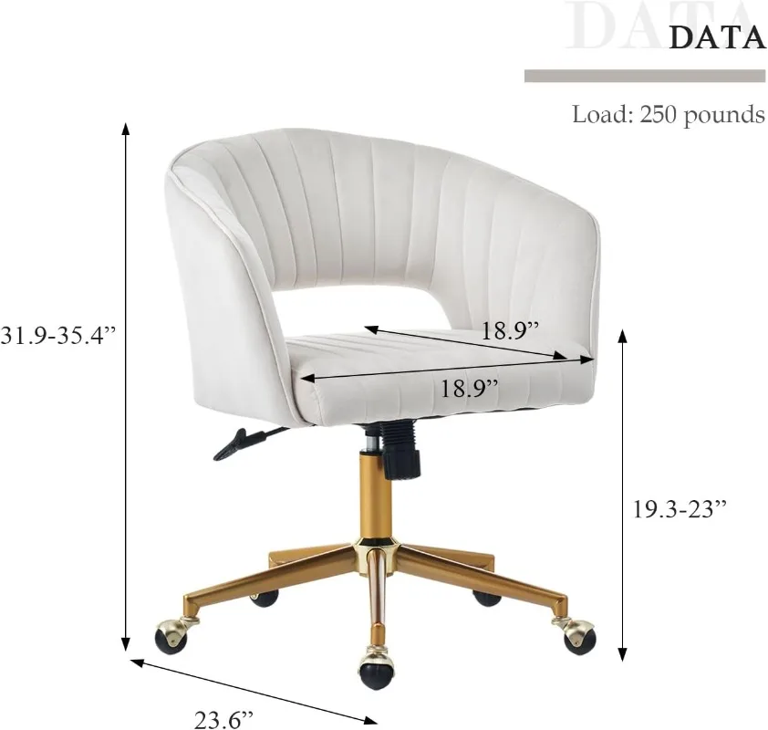 Velvet Office Desk Chair, Modern Home Desk Chair with Wheels & Gold Base, Swivel Vanity Chair for Bedroom, Office, Vanity Study