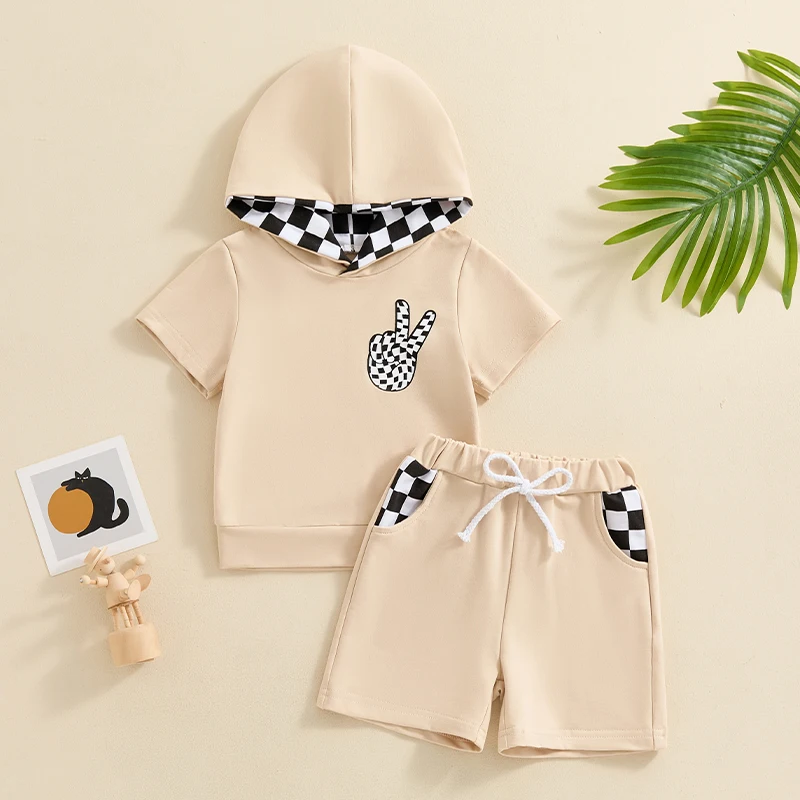 2024-03-26 Lioraitiin 6M-4Y Toddler Baby Boy Outfit Short Sleeve Gesture Print Hood T-Shirt with Elastic Waist Shorts 2Pcs Set