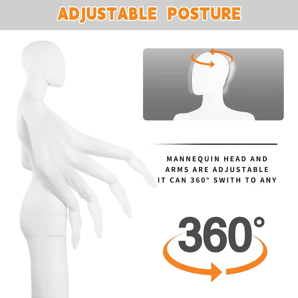 Adjustable 70 White Female Dress Form with Detachable Plastic Body and Metal Stand Display