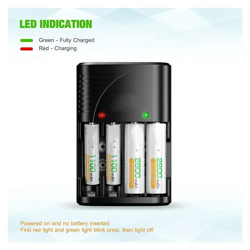 Carregador de bateria universal, parede de 4 espaços com luz led para baterias recarregáveis de 9v, 1.2v aa/aaa, bateria inteligente recarregável,