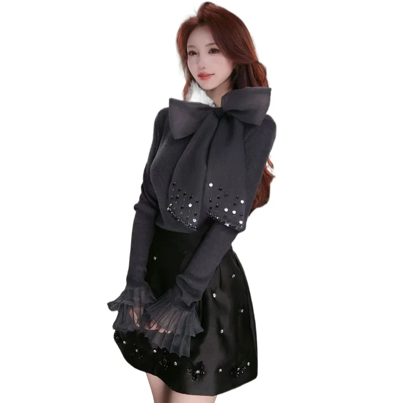 

High-end Design Temperament Sequined Bow Pullover Knitted Sweater Women's Autumn Winter Slim Fashion Knitted Sweater Pullovers