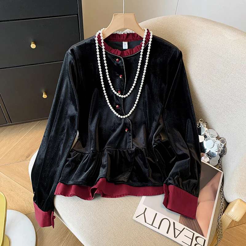 

Vintage Women's Blouses Corduroy Shirts Fashion Loose Spring/Fall Patchwork Clothing Long-sleeved Korean Women Tops