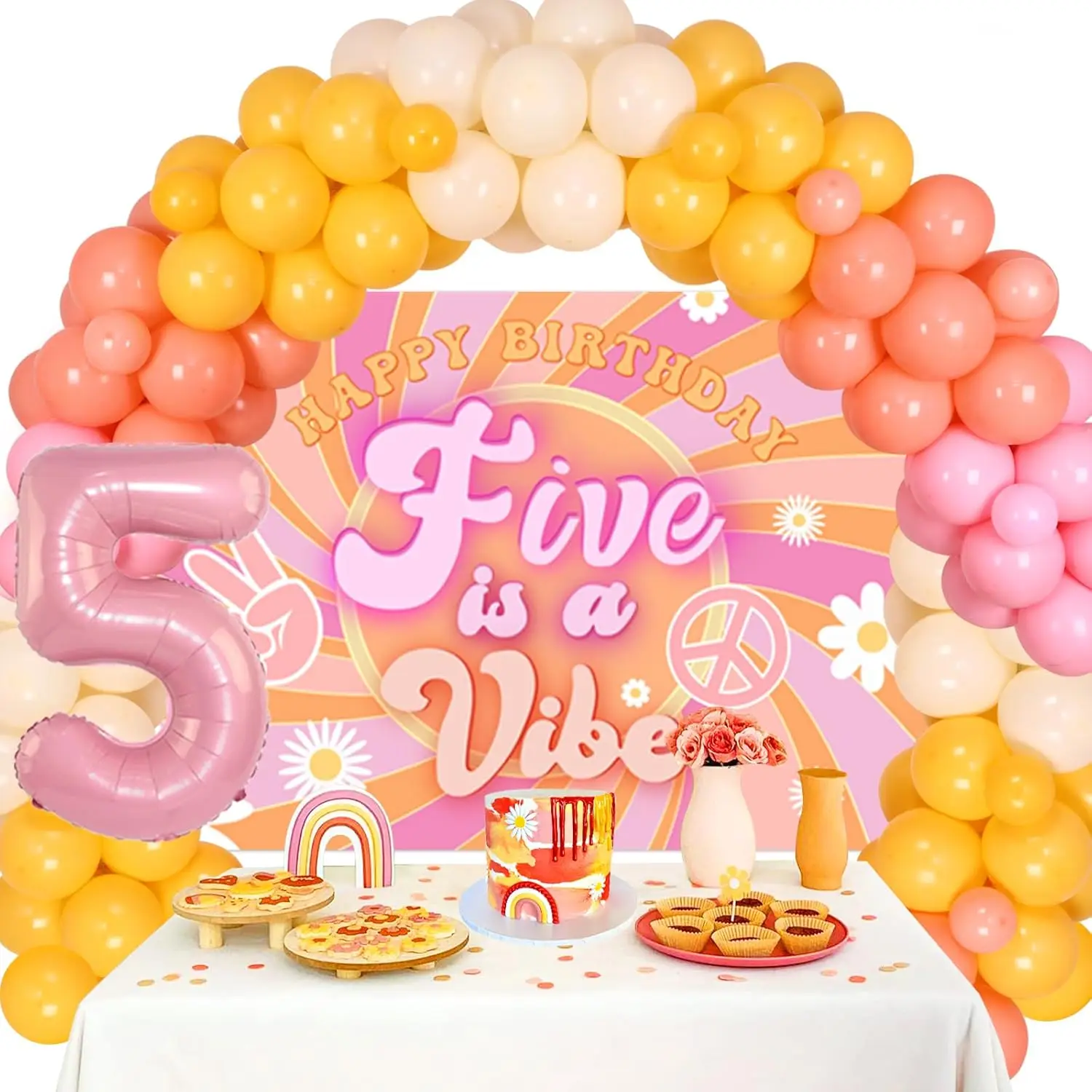 Sursurprise Groovy 5 is a Vibe 5th Birthday Party Decorations, Retro Hippie Backdrop, Daisy Balloon Arch, Garland Kit for Girls