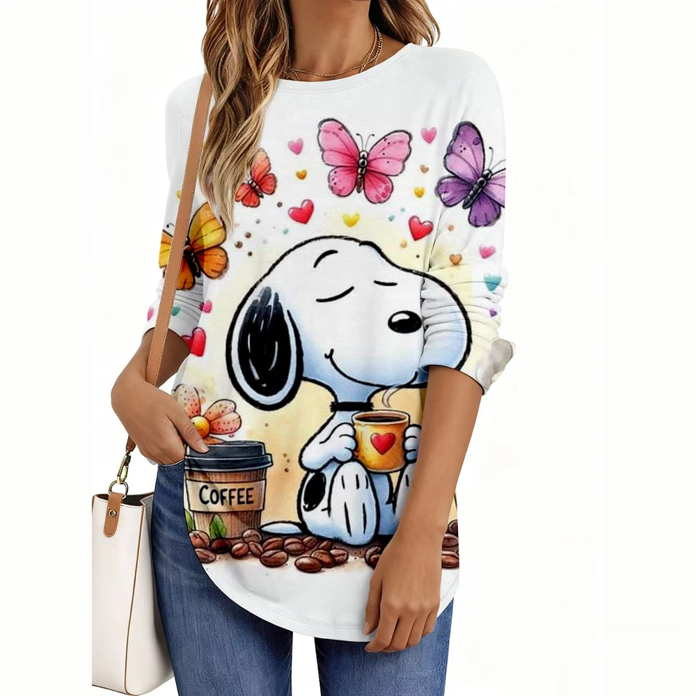 

Женская футболка с принтом Snoopy Christmas Series, модные топы с длинными рукавами и круглым вырезом, обычные топы для отдыха на выходных, весна и осень
