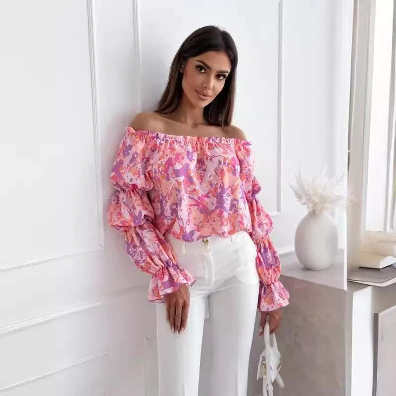 Floral Print Sexy One-shoulder Shirt Women Elegant Fashion Pleated Off Shoulder Blouse For Women 2024 Casual Loose Ruffles Tops