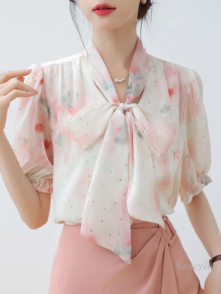 

French Style Bow Short-Sleeved Chiffon Shirt Women's Summer 2024 New Design Sense Niche Temperament Print Blouse Office Top