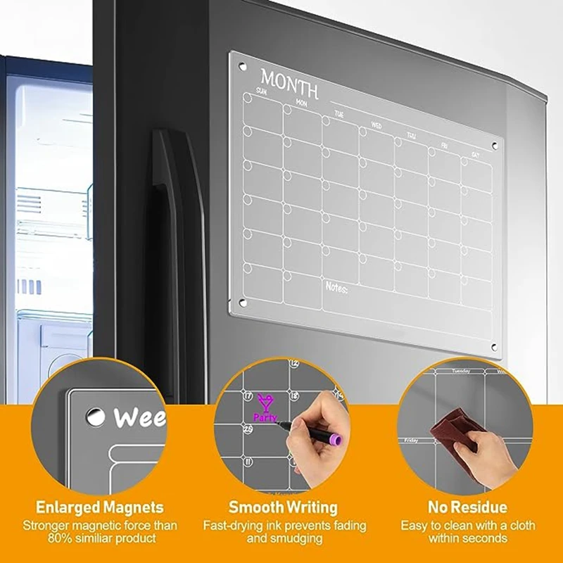 Bloco de notas magnético calendário acrílico semanal planejador de refeição mensal placa apagável calendário semanal geladeira placa de mensagem durável