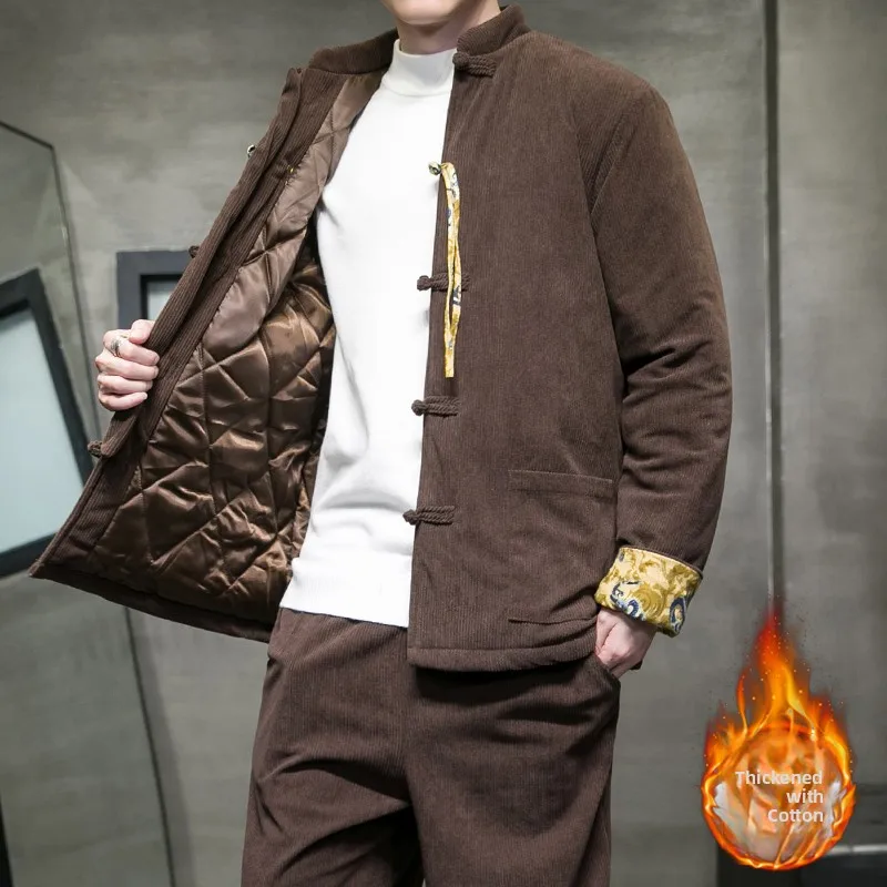 

Thiened Corduroy Cotton Jaet for Men Winter Warm Traditional Chinese Sle Retro Men's Cotton Padded Coat Dad Clothes