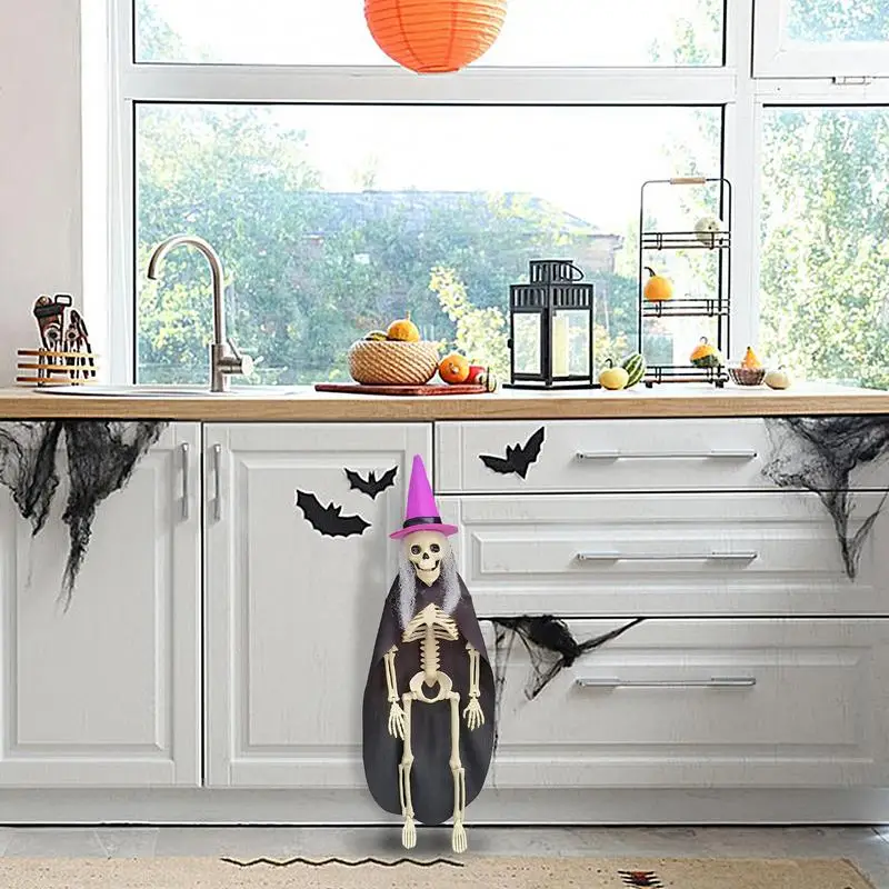 زينة جمجمة الهالوين هيكل عظمي مشترك لكامل الجسم، ديكور الهالوين قابل للتعييل، وجه جمجمة، منزل الهالوين على شكل عظام واقعية