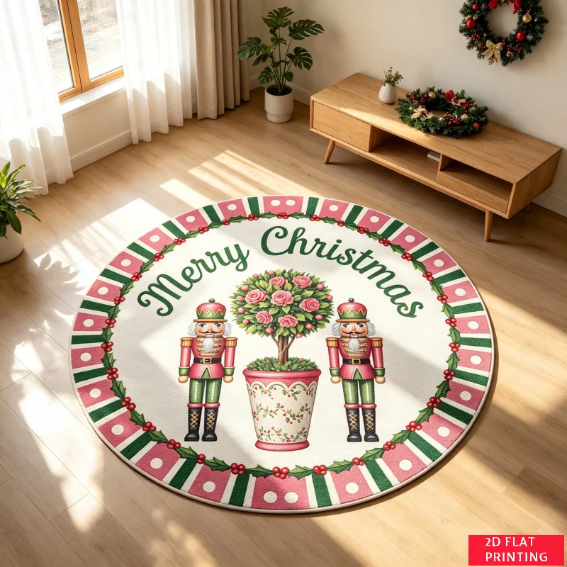 Nutcracker Soldier Potted Rose Merry Christmas Round Rug For Festive Entryway Or Living Room Featuring Striped Border Carpet