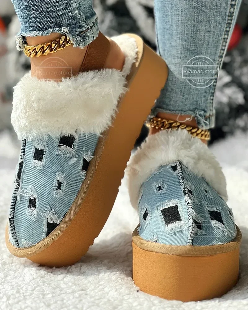 Slippers Women Colorblock Fuzzy Lined Platform Ripped Winter Plush Sandals Luxury Platform Slides Female Thick Sole Cotton Shoes