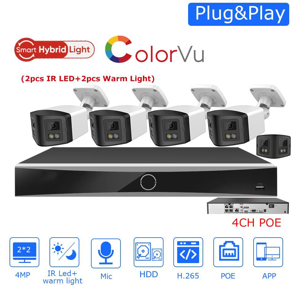   Zestawy CCTV 4CH POE NVR zastępuje DS-7604NXI-K1/4P 4MP IR i ColorVu kamera panoramiczna wbudowany mikrofon WDR Plug&Play System nadzoru