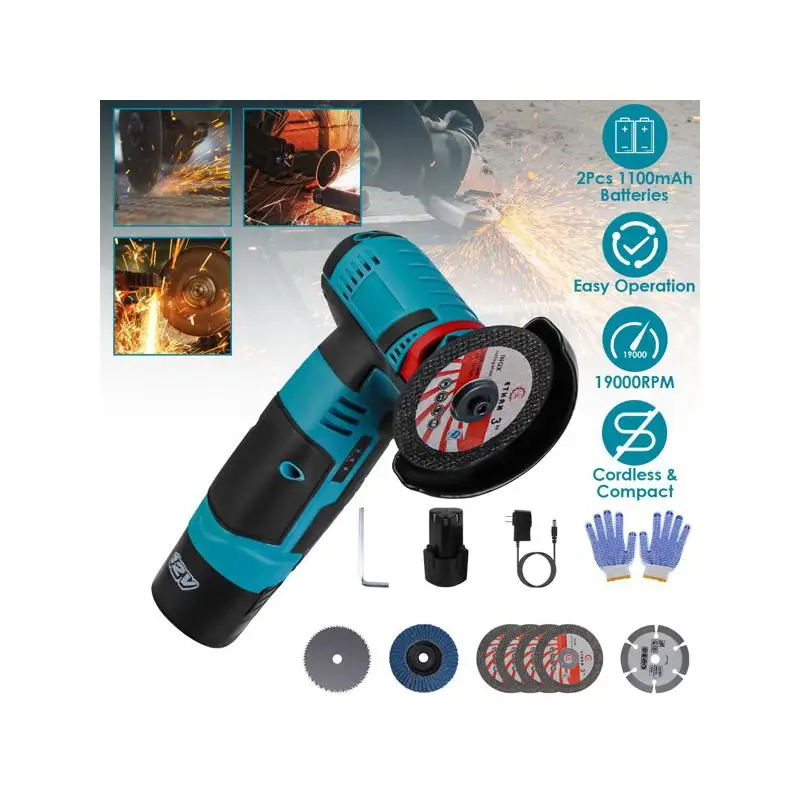 

Беспроводная мини-угловая шлифовальная машина с батареями 2x12 В, двигателем 19000 об/мин, вентиляционными отверстиями для рассеивания тепла, включает режущие круги, пильное полотно,